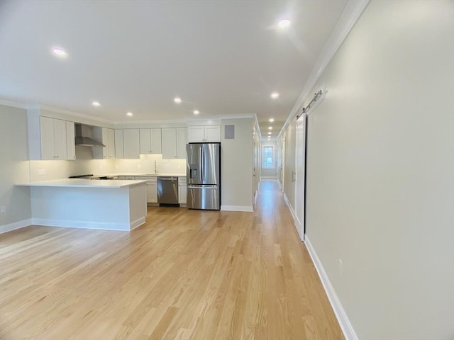15 Yuill Cir, Boston, MA 02136 - kitchen featuring stainless steel appliances, wall chimney range hood, ornamental molding, white cabinetry, and recessed lighting