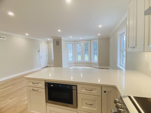 15 Yuill Cir, Boston, MA 02136 - kitchen with open floor plan, crown molding, a peninsula, light countertops, and light wood-type flooring