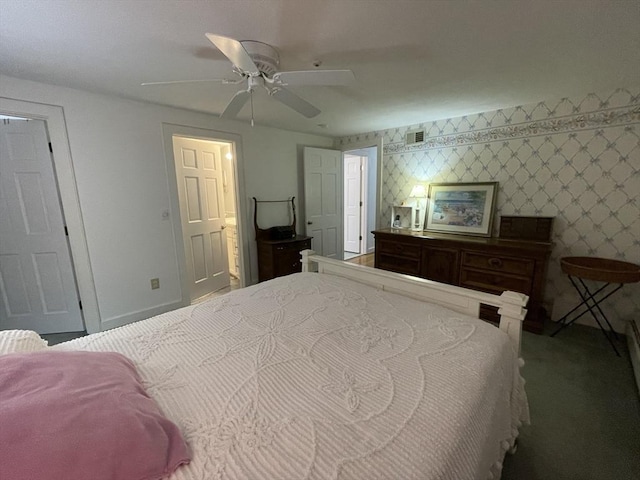 bedroom with baseboards, visible vents, ceiling fan, and carpet flooring