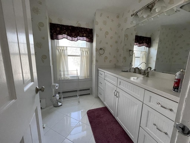bathroom featuring a healthy amount of sunlight, wallpapered walls, and a baseboard radiator