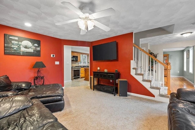 7 Suzannah Rd, Billerica, MA 01862 - living room featuring stairs, ceiling fan, light carpet, and recessed lighting