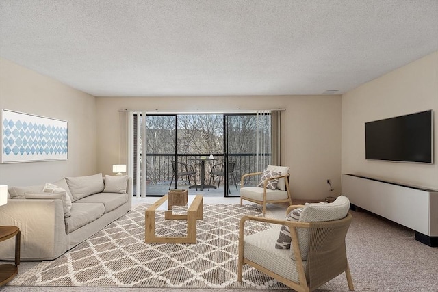 carpeted living room featuring a textured ceiling