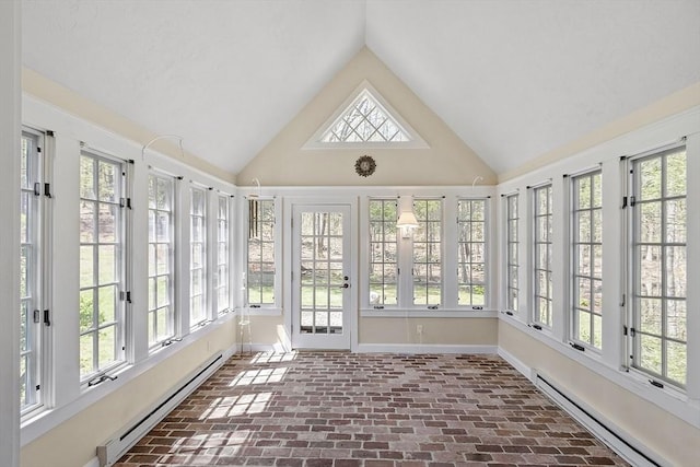 unfurnished sunroom with french doors, brick floor, and a baseboard radiator