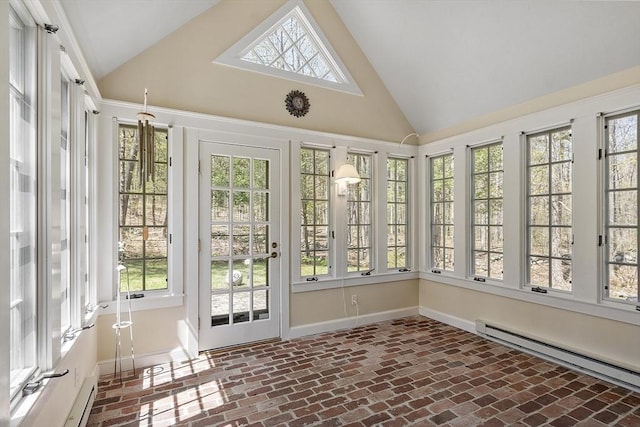 unfurnished sunroom with brick floor, high vaulted ceiling, french doors, baseboards, and a baseboard radiator