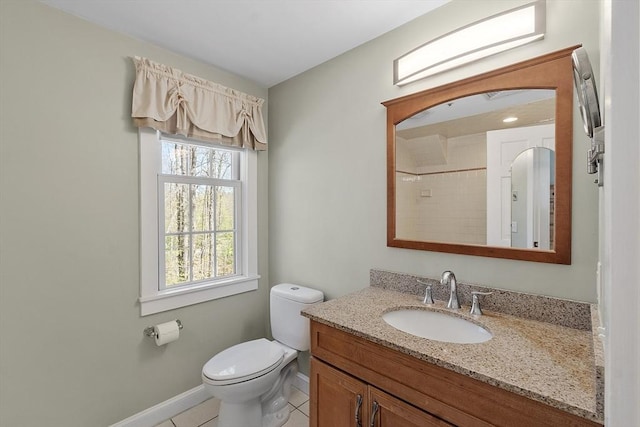 bathroom featuring tile patterned flooring, vanity, a shower, toilet, and baseboards
