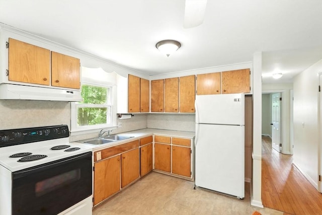 161 Farmington Rd, Amherst, MA 01002 - kitchen with freestanding refrigerator, range with electric cooktop, under cabinet range hood, a sink, and light countertops