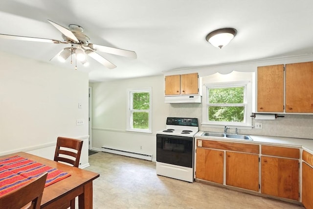 161 Farmington Rd, Amherst, MA 01002 - kitchen with electric range oven, a baseboard radiator, a sink, light countertops, and healthy amount of natural light