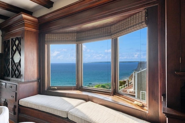 2 Bluff Rd, Hull, MA 02045 - bedroom with a water view, multiple windows, and beamed ceiling