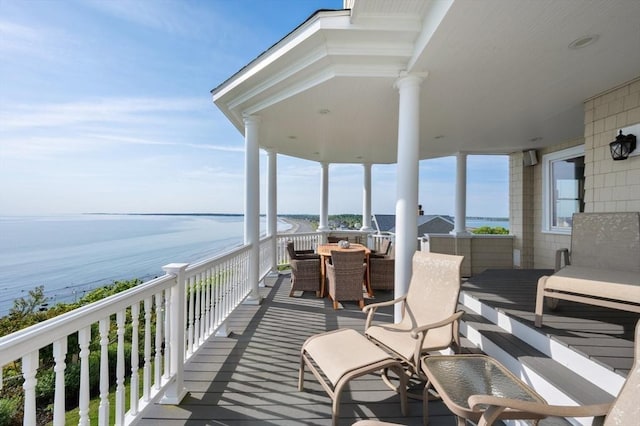 2 Bluff Rd, Hull, MA 02045 - wooden deck featuring a water view and outdoor dining space