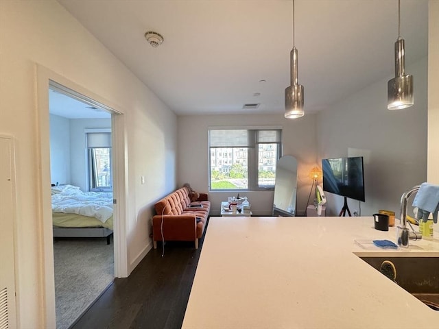 kitchen featuring pendant lighting and dark hardwood / wood-style floors