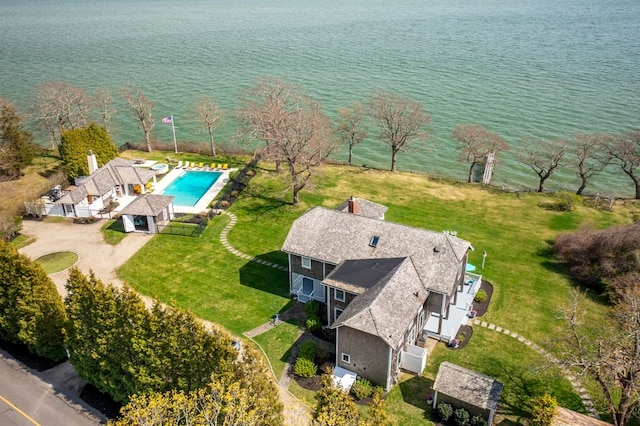 drone / aerial view with a water view