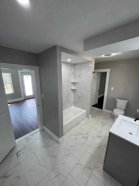 32 Main St, Monson, MA 01057 - bathroom featuring marble finish flooring, vanity, a shower, recessed lighting, and a tub