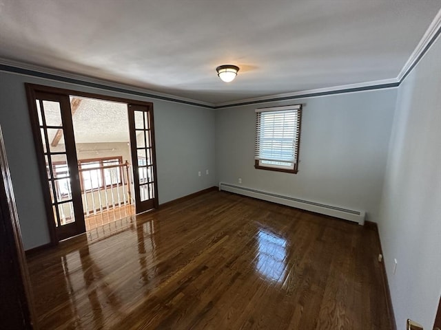 empty room featuring a baseboard radiator, crown molding, and dark hardwood / wood-style flooring