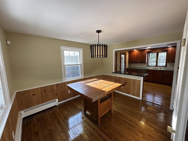 unfurnished dining area featuring wooden walls, dark hardwood / wood-style flooring, sink, and a wealth of natural light