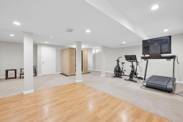 18 Preserve Way, Sturbridge, MA 01566 - exercise room featuring baseboards, light carpet, recessed lighting, and light wood-style flooring