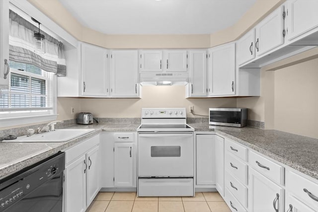 kitchen with electric range, black dishwasher, under cabinet range hood, stainless steel microwave, and a sink
