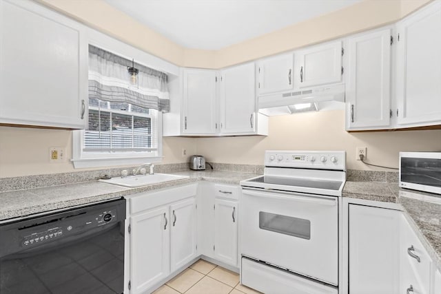 kitchen with electric range, black dishwasher, a sink, under cabinet range hood, and white cabinetry
