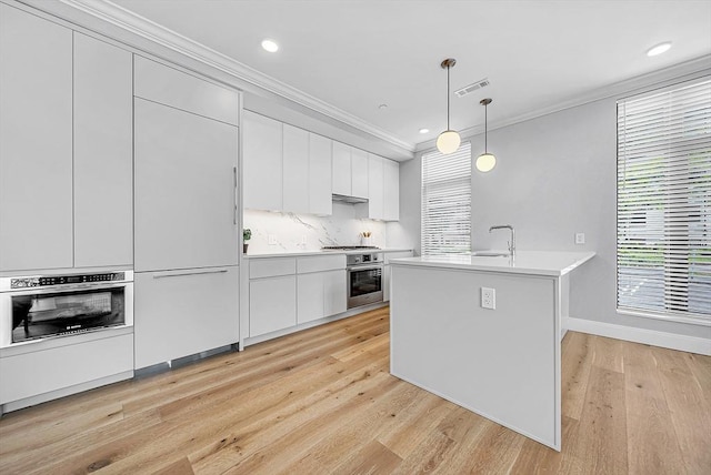 191 Washington St Unit 318, Boston, MA 02135 - kitchen featuring appliances with stainless steel finishes, ornamental molding, light wood-style flooring, a sink, and light countertops