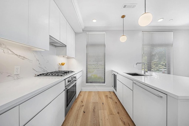 191 Washington St Unit 318, Boston, MA 02135 - kitchen featuring a sink, stainless steel appliances, light wood finished floors, white cabinets, and under cabinet range hood