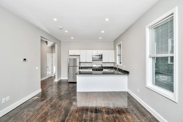 kitchen featuring kitchen peninsula, sink, white cabinetry, dark wood-type flooring, and appliances with stainless steel finishes