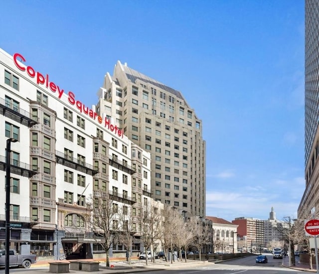 view of building exterior with a city view