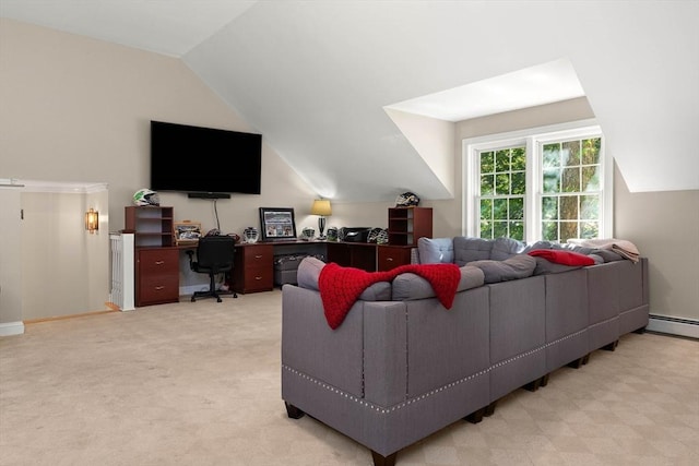 carpeted living room featuring vaulted ceiling