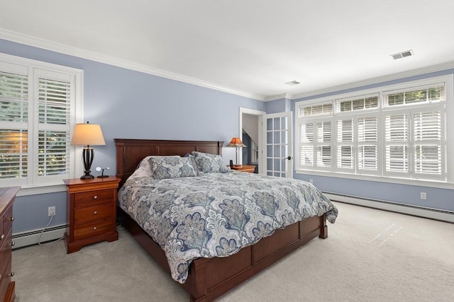 bedroom with ornamental molding, light colored carpet, and baseboard heating