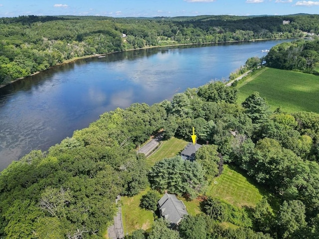 bird's eye view with a water view