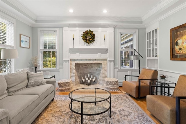 living room featuring a baseboard radiator, ornamental molding, and light hardwood / wood-style flooring