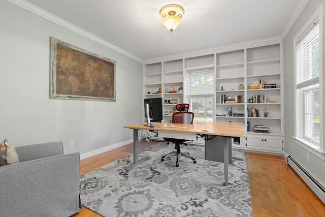 office featuring light hardwood / wood-style flooring, a wealth of natural light, and baseboard heating