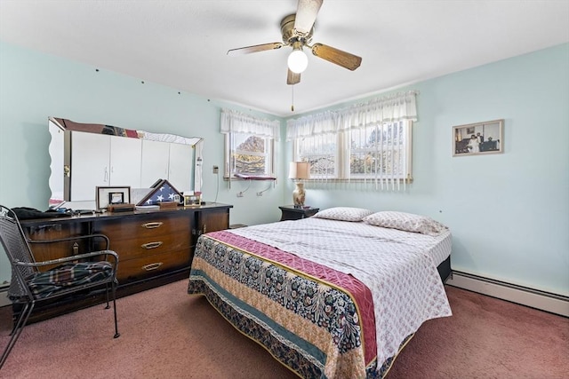 carpeted bedroom featuring ceiling fan and baseboard heating