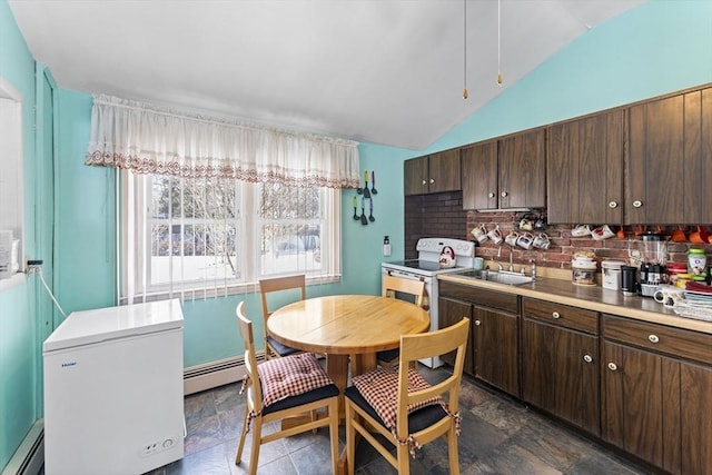 kitchen with baseboard heating, white electric stove, light countertops, and a sink