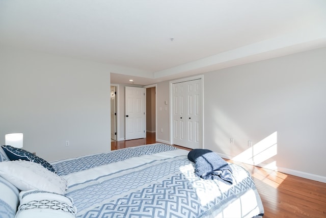 bedroom featuring wood-type flooring and a closet