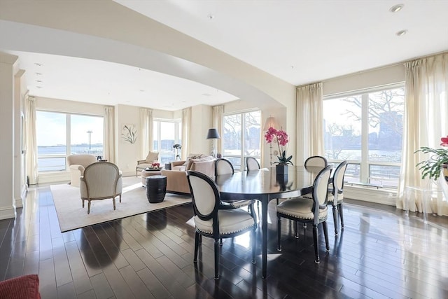 dining area with a water view