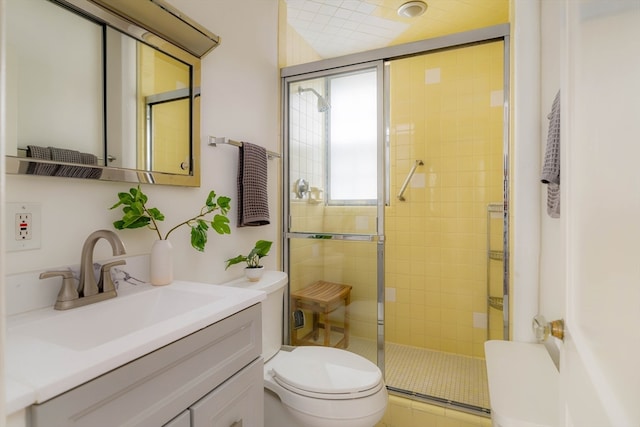 bathroom with vanity, an enclosed shower, and toilet