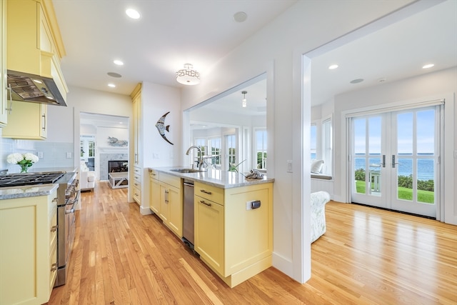 kitchen with a water view, stainless steel appliances, light hardwood / wood-style flooring, sink, and decorative backsplash