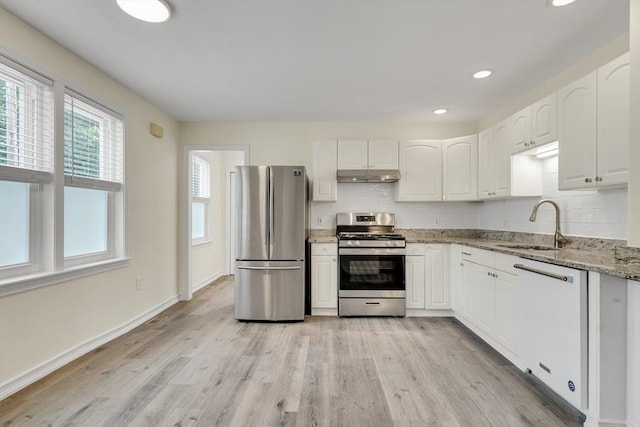 17-1 Parkers Ln Unit 1, Waltham, MA 02453 - kitchen with stainless steel appliances, under cabinet range hood, light stone countertops, a sink, and white cabinets