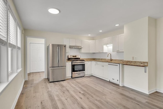 17-1 Parkers Ln Unit 1, Waltham, MA 02453 - kitchen featuring stainless steel appliances, under cabinet range hood, light wood finished floors, white cabinetry, and baseboards