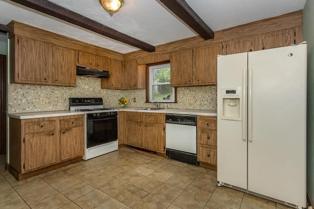 200 Dana Ave, Boston, MA 02136 - kitchen featuring white appliances, light countertops, tasteful backsplash, under cabinet range hood, and beamed ceiling