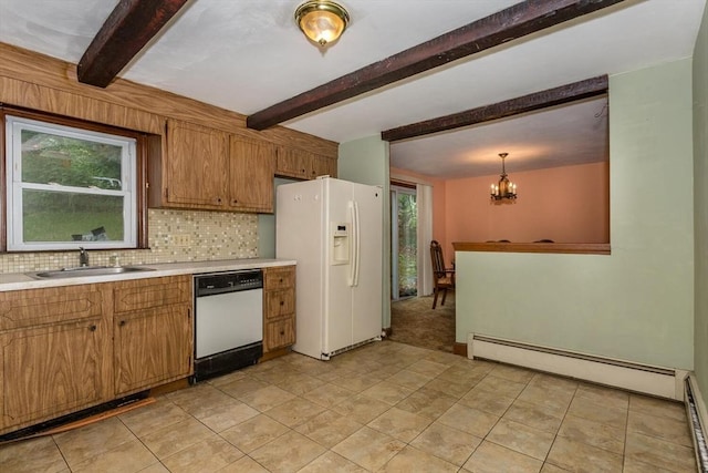 200 Dana Ave, Boston, MA 02136 - kitchen featuring white appliances, a sink, light countertops, a chandelier, and backsplash