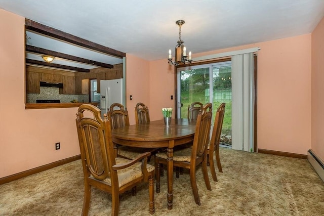 200 Dana Ave, Boston, MA 02136 - dining area featuring light colored carpet, a chandelier, beam ceiling, baseboards, and a baseboard radiator