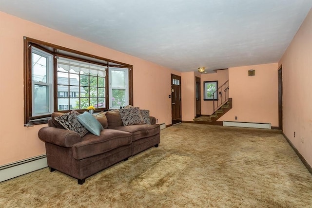 200 Dana Ave, Boston, MA 02136 - living area with a baseboard heating unit, stairway, carpet, and baseboards