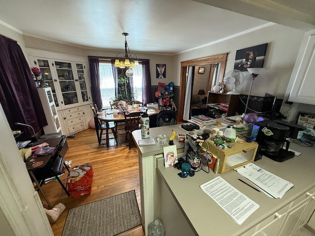 62 Marion St, Fitchburg, MA 01420 - office area featuring light wood-type flooring, a chandelier, and ornamental molding