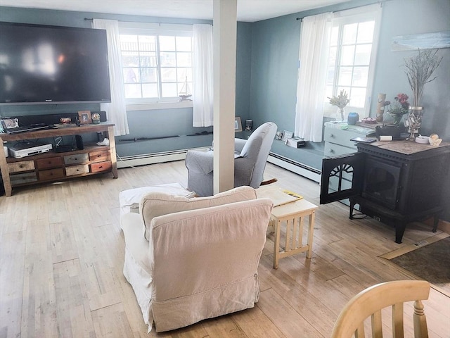 158 Turner Rd, Scituate, MA 02066 - living room with a wood stove, a baseboard radiator, and hardwood / wood-style floors