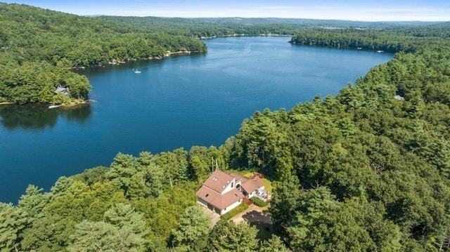 bird's eye view with a wooded view and a water view