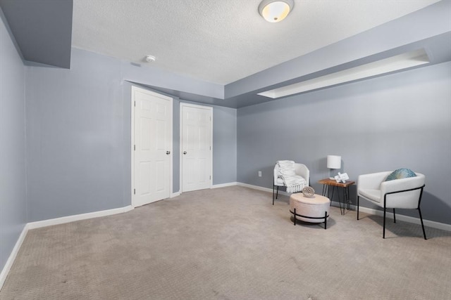 sitting room featuring carpet floors and a textured ceiling