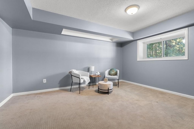 living area with light colored carpet and a textured ceiling