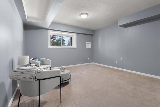 living area featuring carpet floors and a textured ceiling