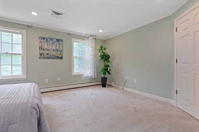 501 Lexington St Unit 35, Waltham, MA 02452 - carpeted bedroom featuring crown molding, a baseboard radiator, multiple windows, baseboards, and recessed lighting