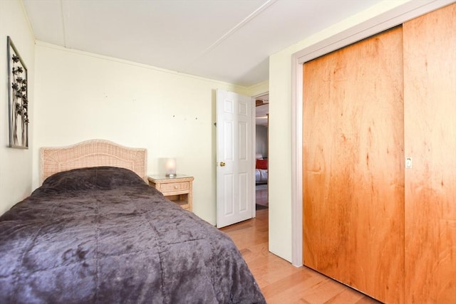 bedroom featuring light wood finished floors and a closet